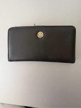 Anne Klein Black Leather Zip Wallet with Gold Accent